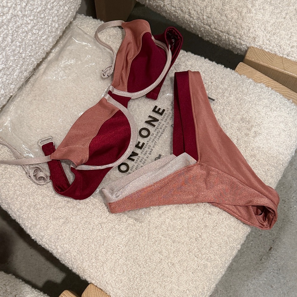 ONEONE Swimwear Set S Mauve Burgundy Khaki Satin Colorblock Balconette Bikini